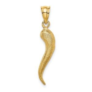 14k Yellow Gold Brushed 3D Italian Horn Cornicello Necklace Charm Pendant x mm